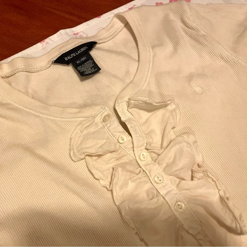 Ralph Lauren Girls Beige Ruffle Button Up Short Sleeve Blouse Size XL (Girls)